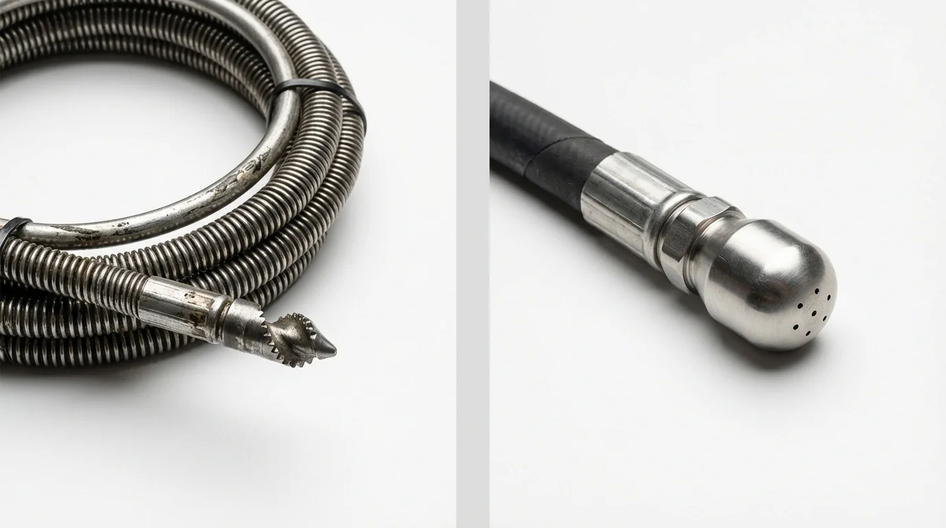Drain snake cable and hydro jetting nozzle used for drain cleaning in Oakhurst, NJ