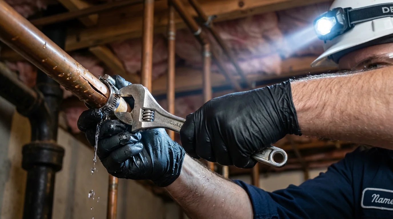 Emergency pipe clamp repair being performed by a Johns Plumbing LLC plumber in Oakhurst