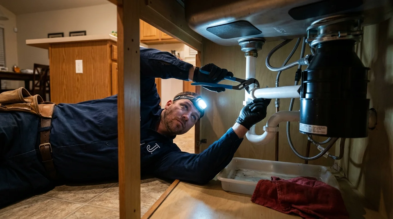 P-trap and supply line connections under a kitchen sink showing a common leak point in Oakhurst, NJ